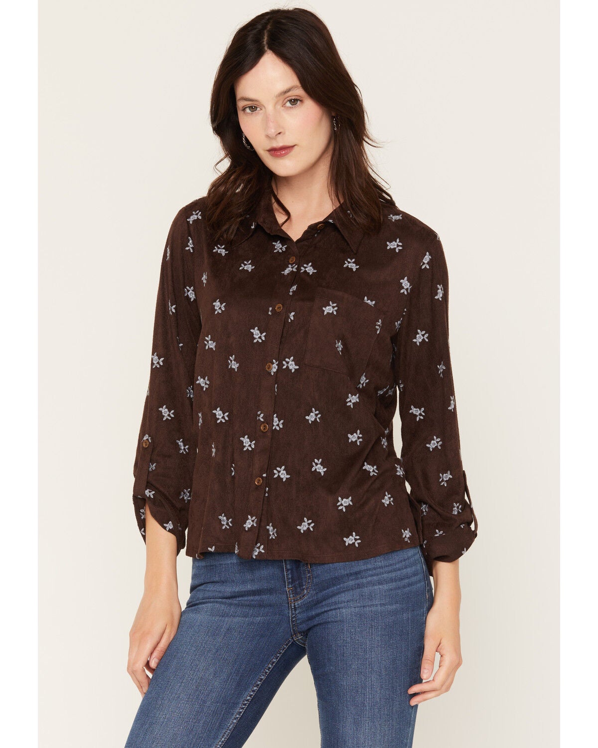 June & Hudson Women's Faux Suede Floral Embroidered Knit Long Sleeve Top, Chocolate, hi-res