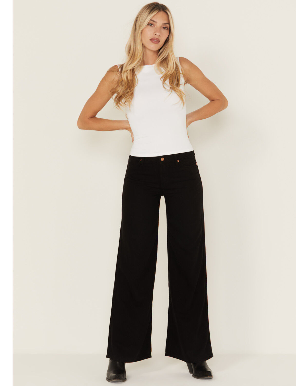 Image #1 - Wrangler Women's Midnight Ride Mid Rise World Wide Wide Leg Denim Jeans, Black, hi-res