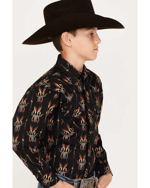 Image #2 - Rock & Roll Denim Boys' Dale Brisby Flame Steer Head Long Sleeve Snap Western Shirt, Black, hi-res