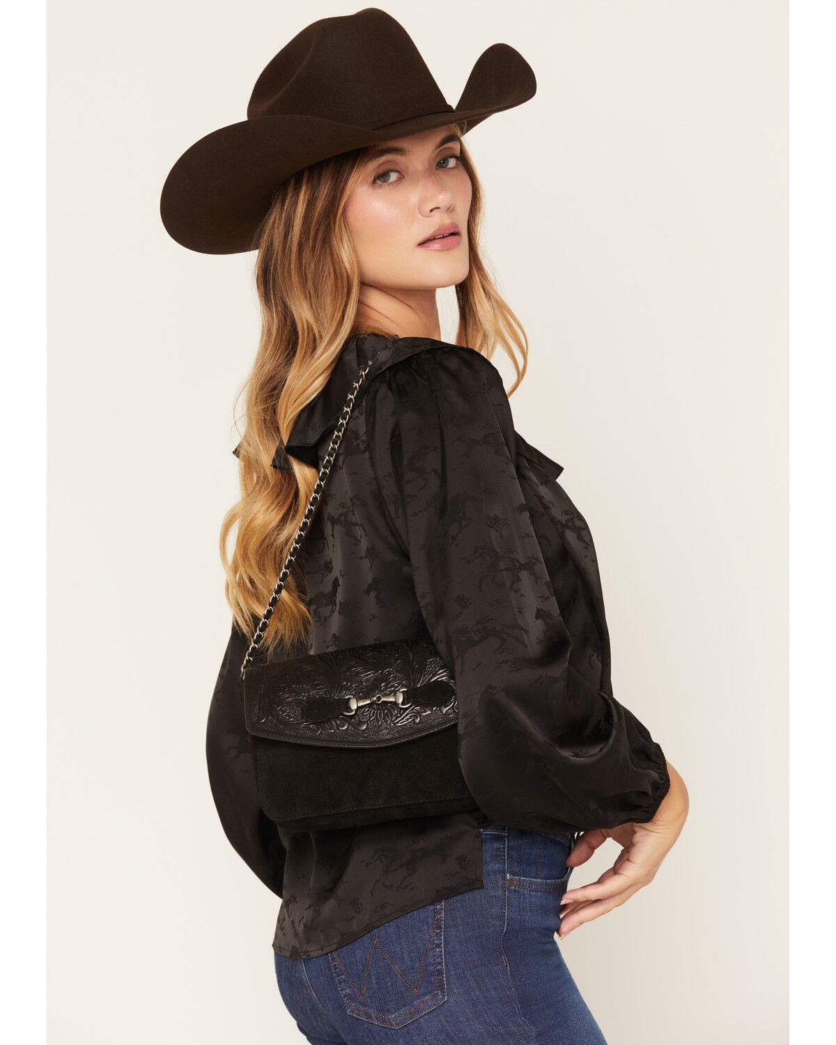 Shyanne Women's Marlowe Tooled Leather Horse Bit Shoulder Bag, Black, hi-res