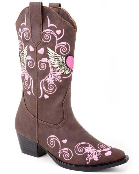 Roper Toddler Girls' Hearts & Wings Embroidered Western Boots -  Square Toe, Brown, hi-res