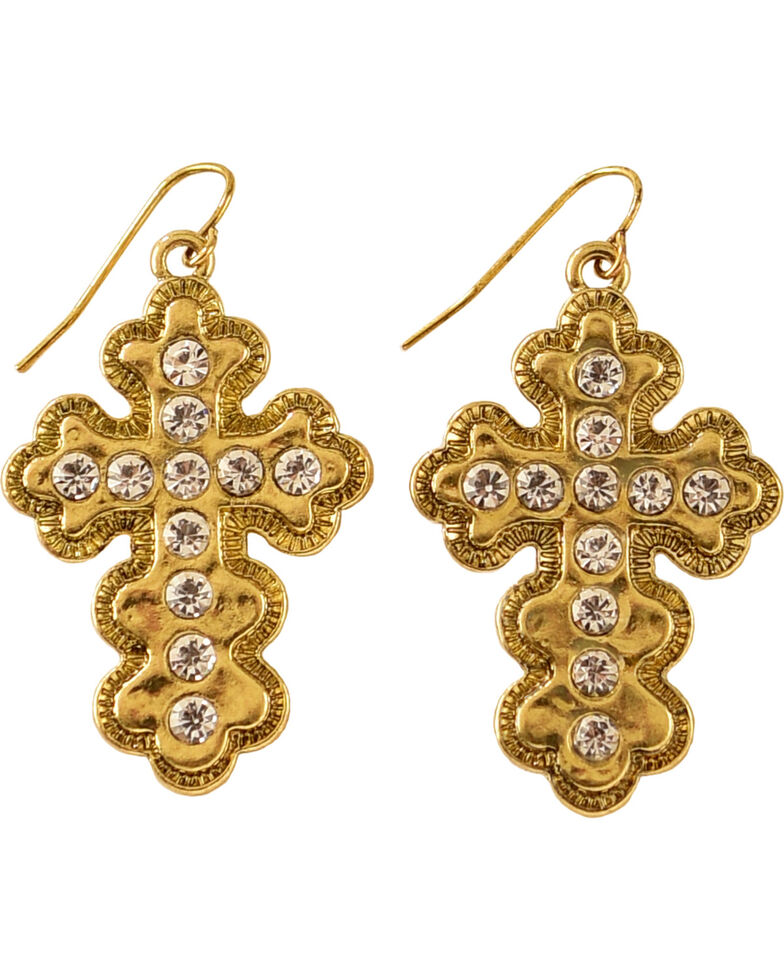 Shyanne Women's Gold Toned Bling Cross Earrings, Gold, hi-res