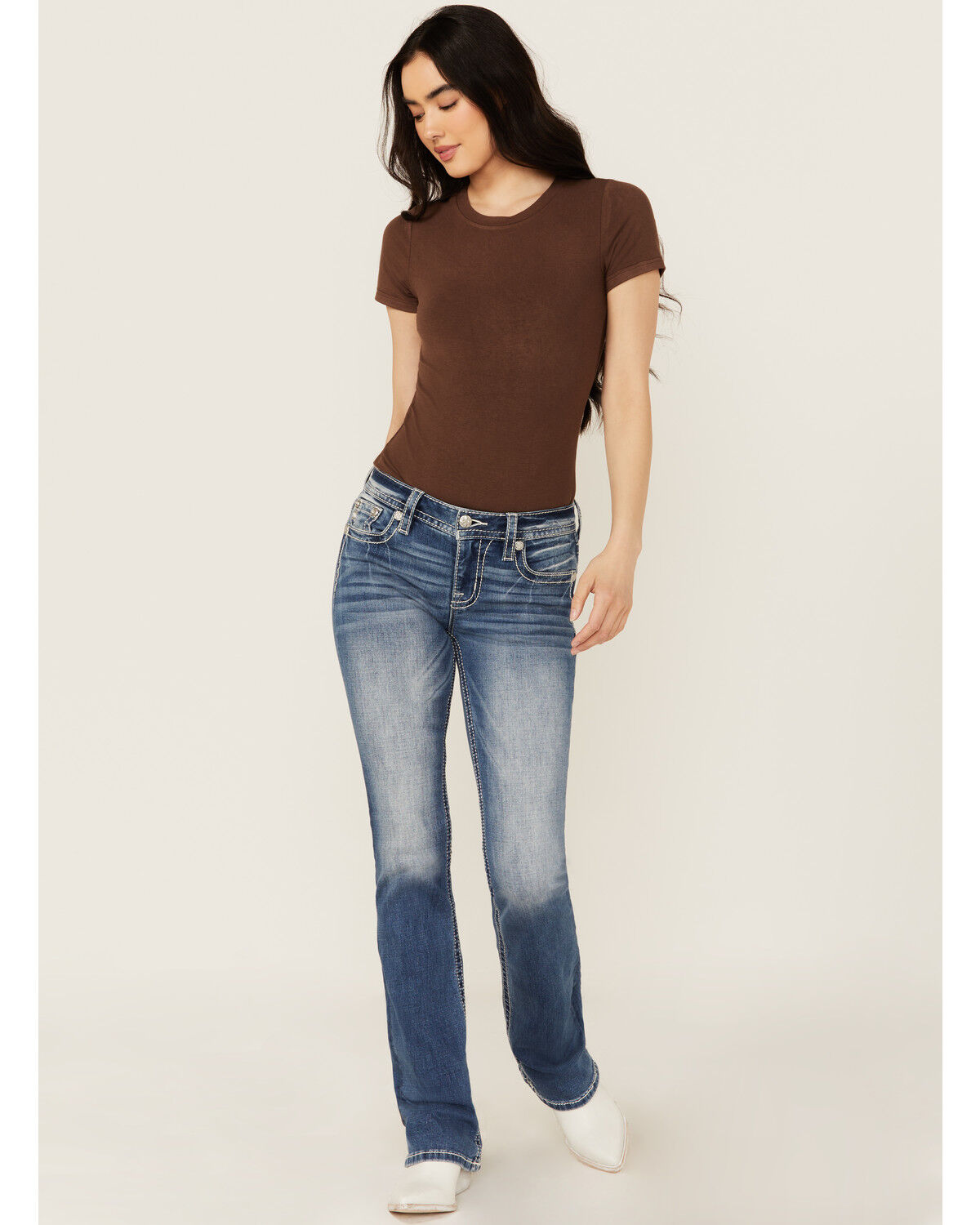 Image #3 - Miss Me Women's Medium Wash Floral Border Pocket Bootcut Stretch Denim Jeans, Medium Wash, hi-res