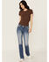 Image #3 - Miss Me Women's Medium Wash Floral Border Pocket Bootcut Stretch Denim Jeans, Medium Wash, hi-res