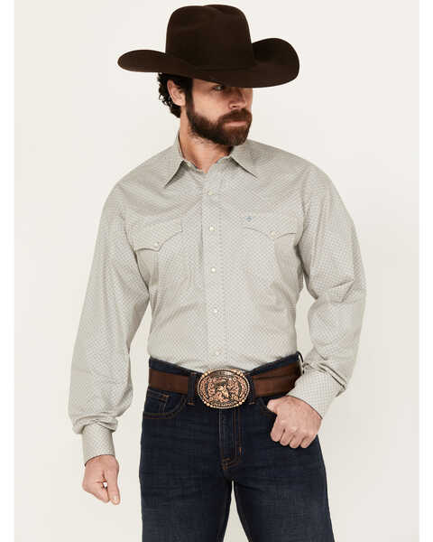 Stetson Men's Geo Print Long Sleeve Pearl Snap Western Shirt, Tan, hi-res