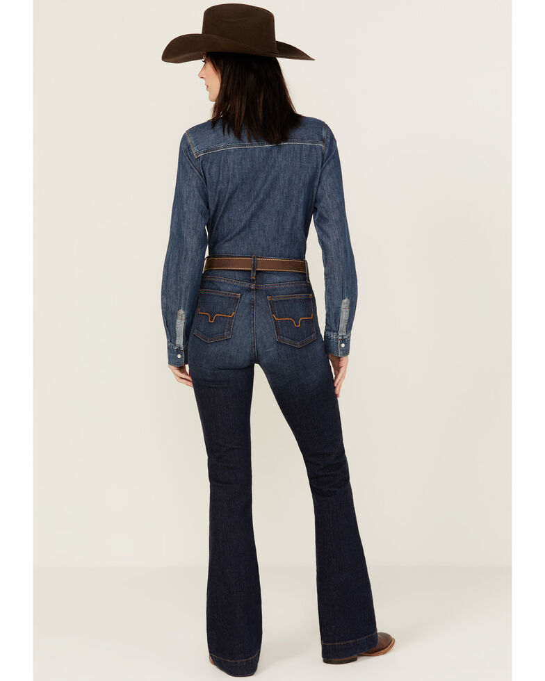 high rise dark wash flare jeans