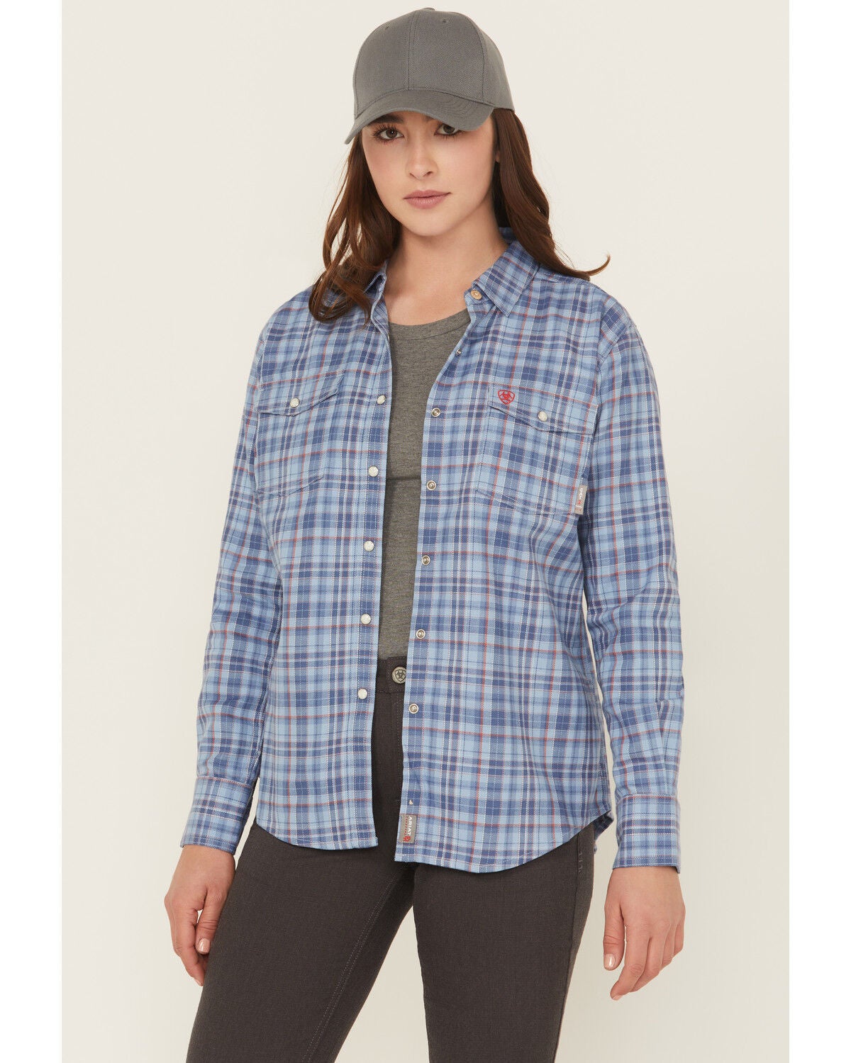 Ariat Women's FR Laurel Plaid Print Long Sleeve Snap Work Shirt, Blue, hi-res