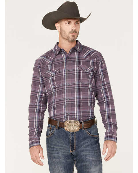 Cody James Men's Mountaintop Large Plaid Print Pearl Snap Western Flannel Shirt , Purple, hi-res