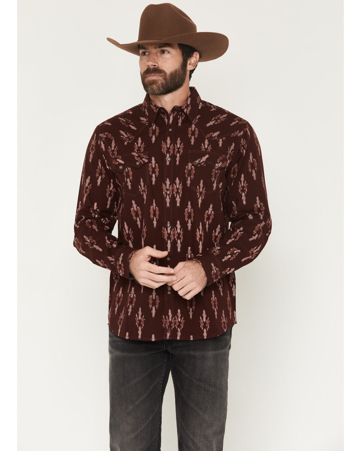 Image #1 - Moonshine Spirit&reg; Men's Burning Man Printed Long Sleeve Snap Western Print, Burgundy, hi-res