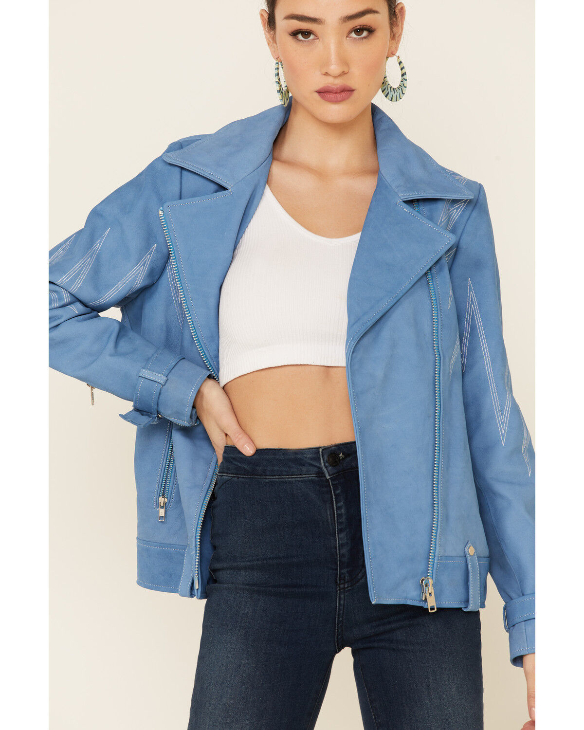 Image #3 - Understated Leather Women's Sunburst Leather Zip-Front Moto Jacket, Turquoise, hi-res