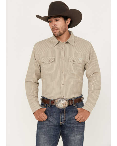 Blue Ranchwear Men's Denim Dobby Striped Long Sleeve Western Pearl Snap Shirt, Cream, hi-res