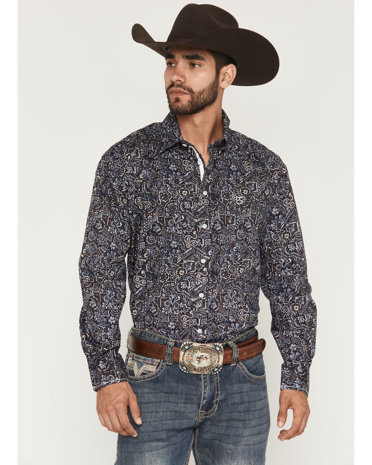 Rough Stock by Panhandle Men's Floral Print Long Sleeve Button-Down Stretch Western Shirt, Dark Brown, hi-res