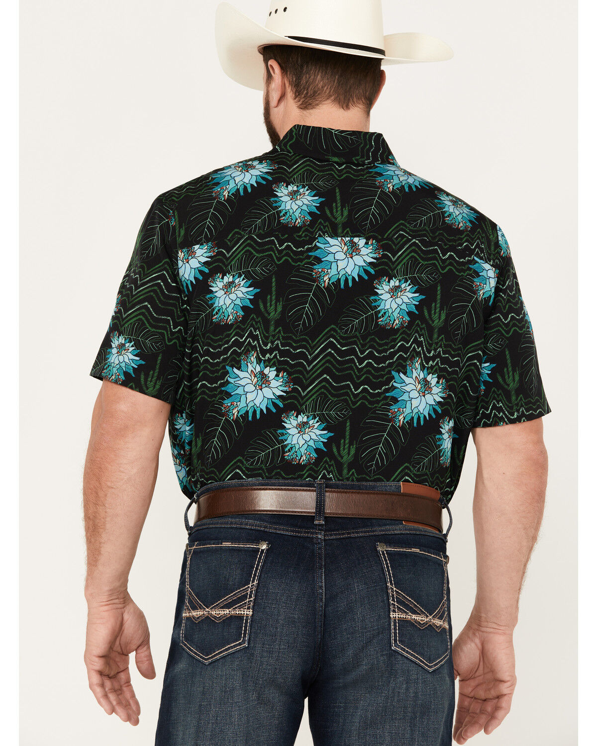 Image #4 - Panhandle Men's Tropical Print Short Sleeve Snap Stretch Western Shirt, Black, hi-res