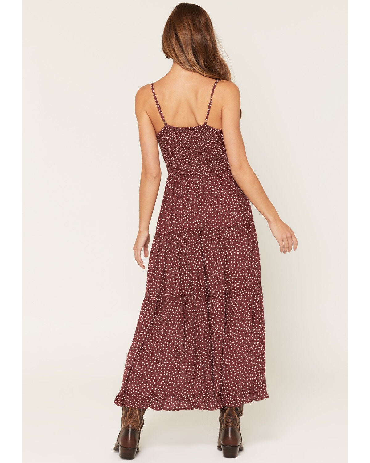 Image #4 - Angie Women's Polka Dot Twist Front Sleeveless Midi Dress, Brown, hi-res