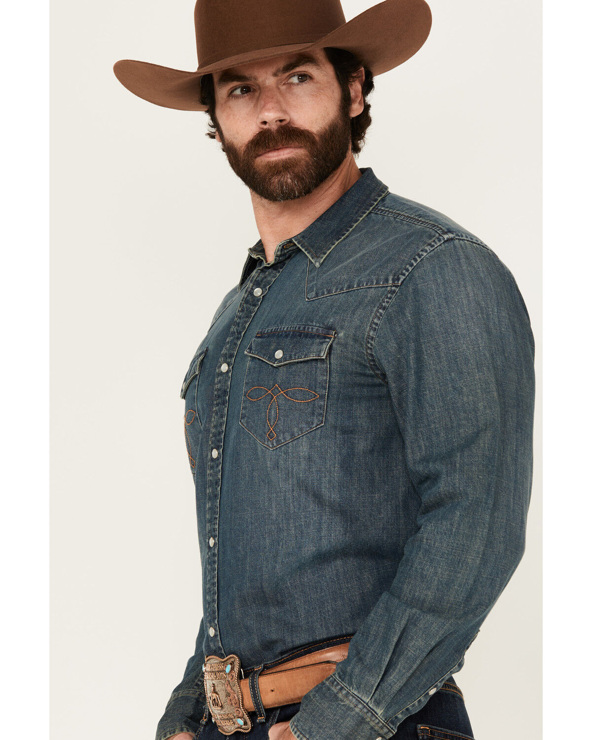 Image #2 - Cody James Men's Medium Wash Denim Long Sleeve Pearl Snap Western Shirt - Tall, Medium Wash, hi-res