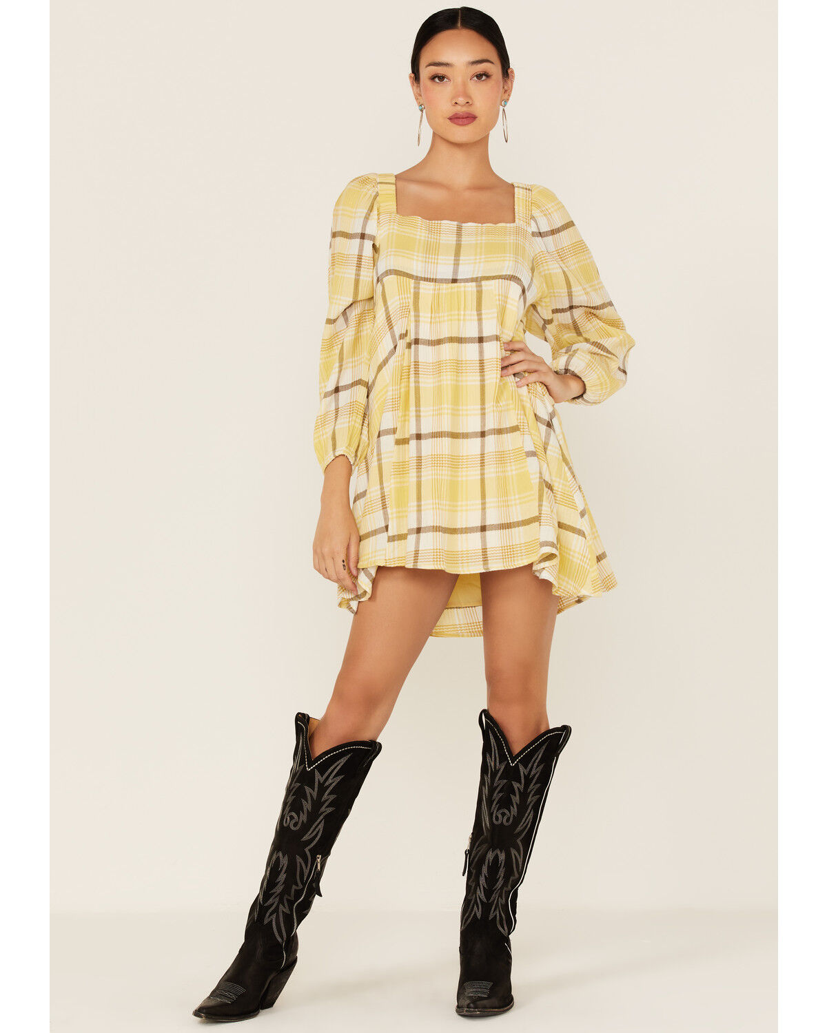 Image #2 - Miss Me Women's Plaid Print Babydoll Mini Dress, Yellow, hi-res