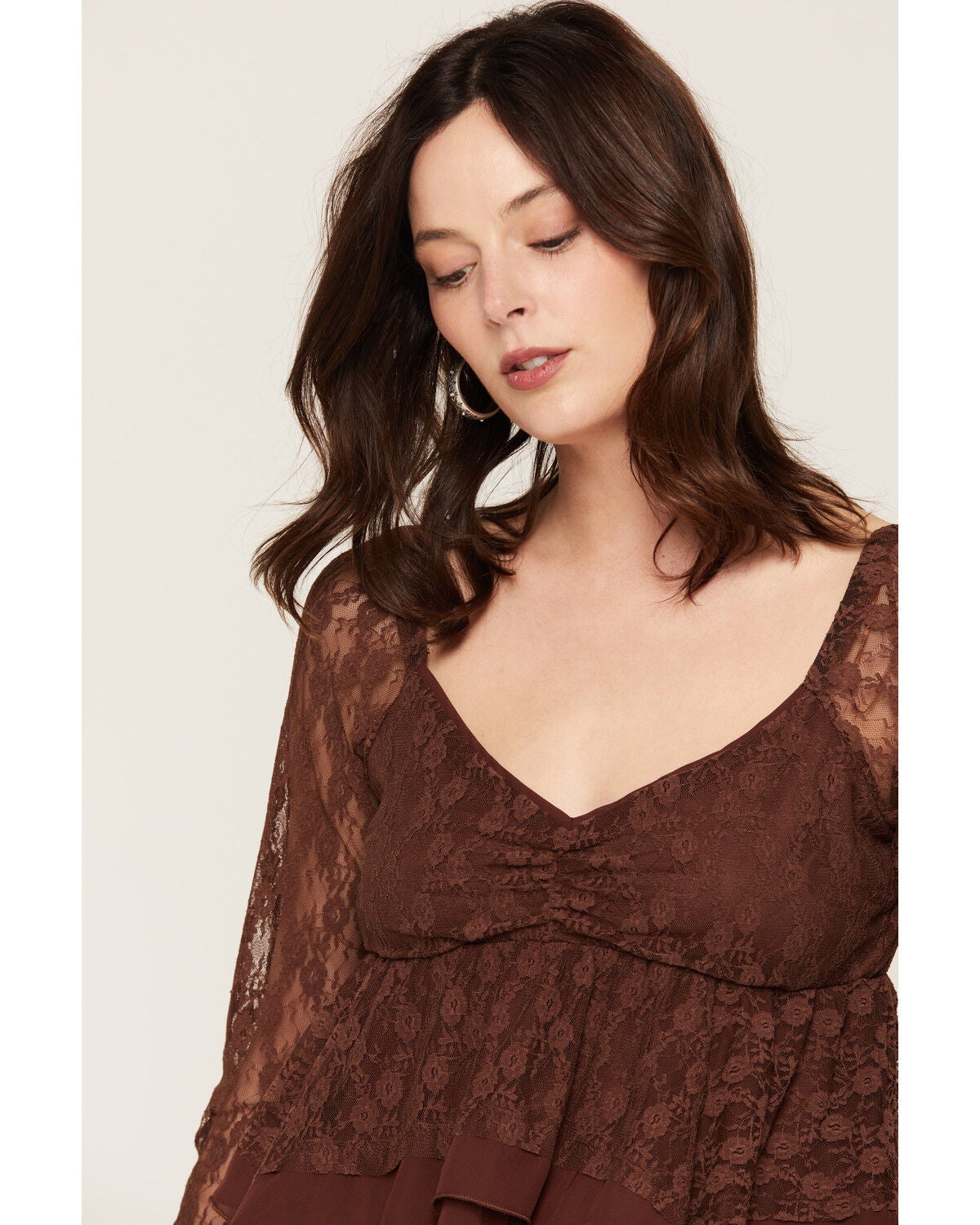 Image #2 - Wild Moss Women's Lace Long Sleeve Shirt, Brown, hi-res