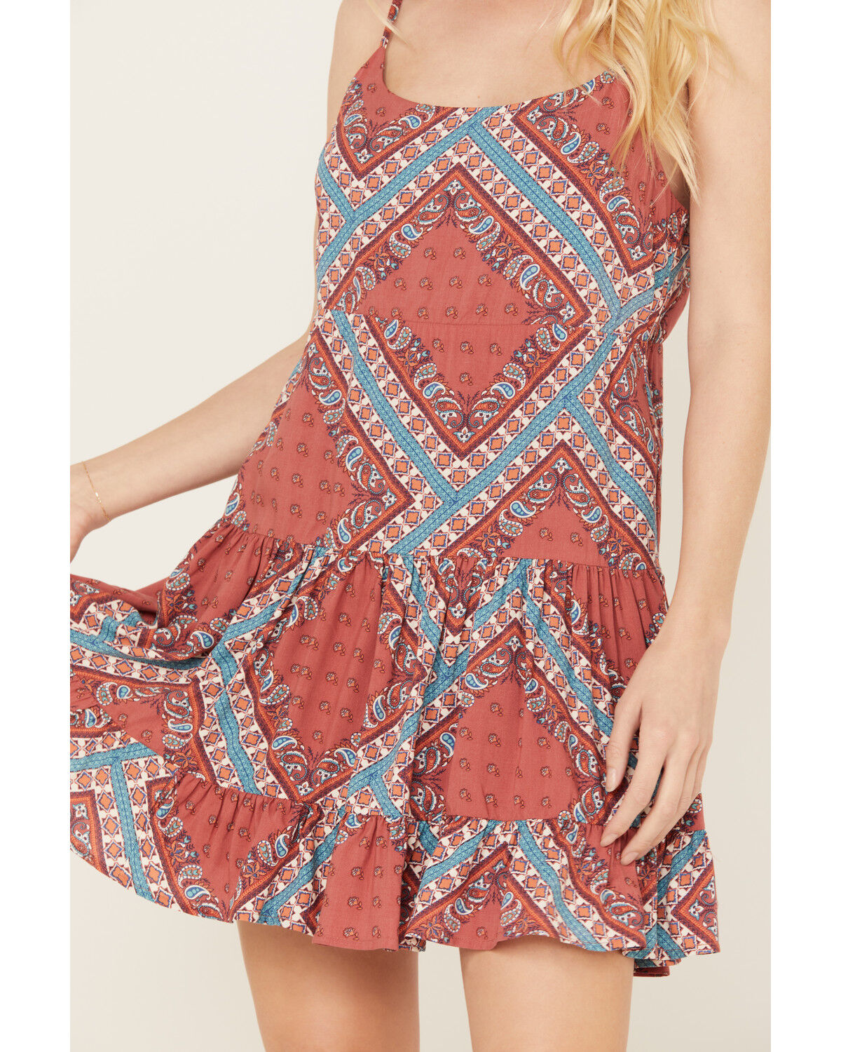 Image #3 - Rock & Roll Denim Women's Bandana Print Tiered Sleeveless Mini Dress, Red, hi-res