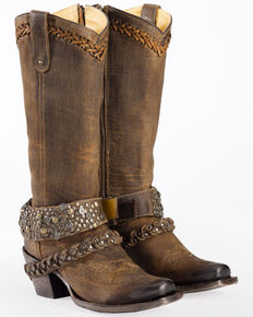 Corral Women's Woven Stud & Harness Boots - Square Toe, Brown, hi-res