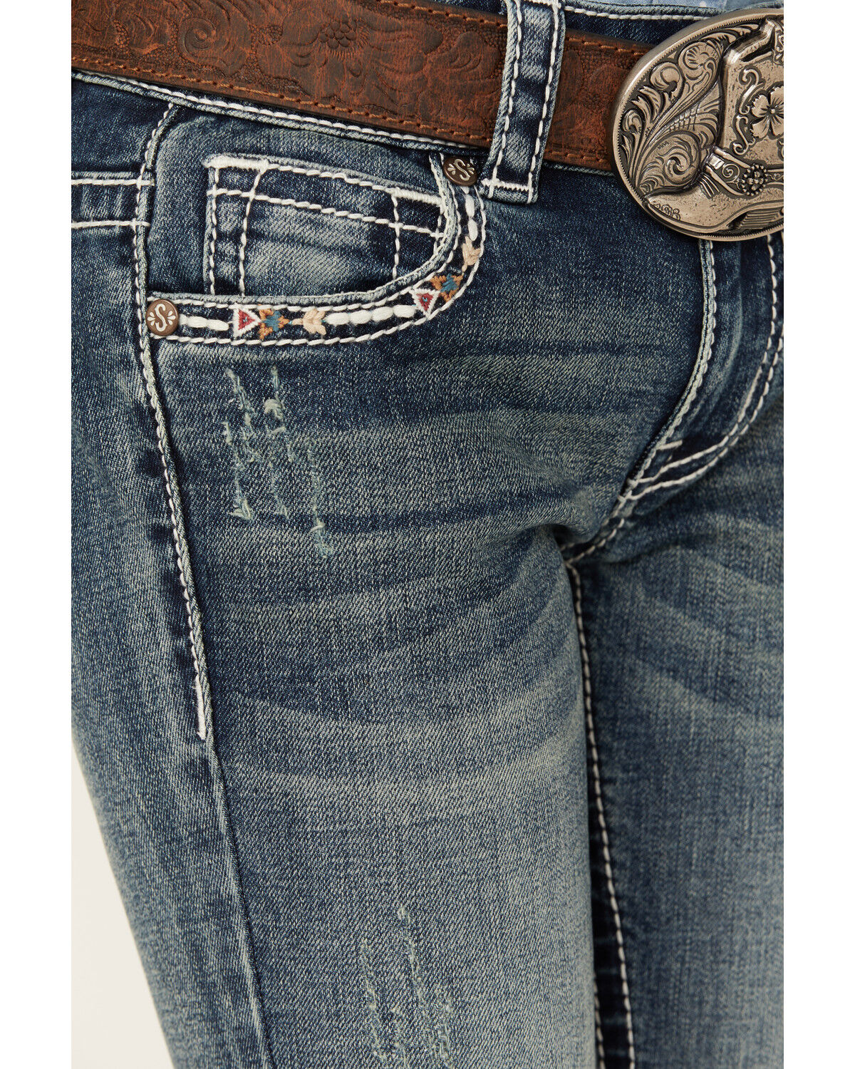 Image #4 - Shyanne Little Girls' Cowhide Steer Head Light Wash Faded Stretch Bootcut Jeans, Light Wash, hi-res