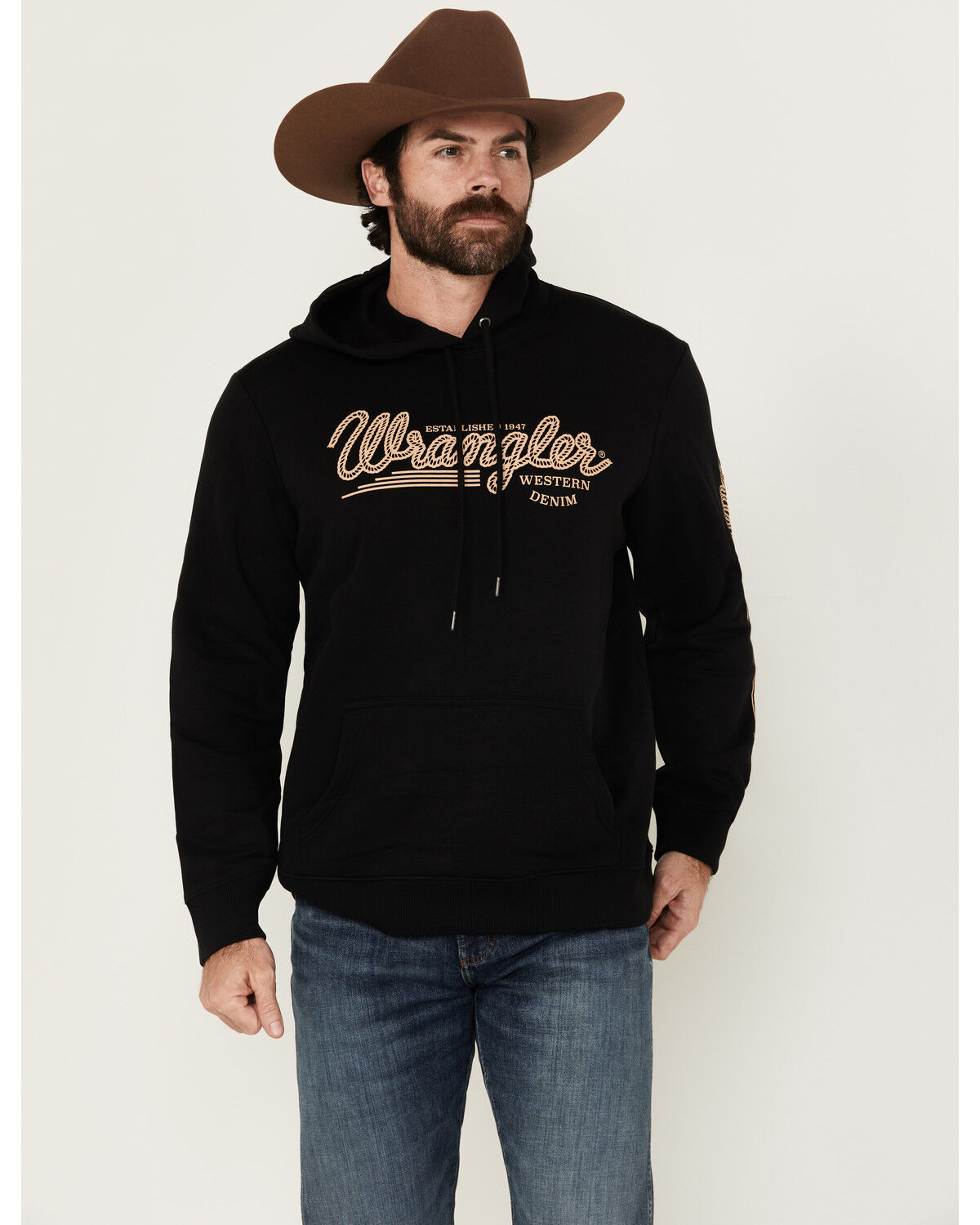 Image #1 - Wrangler Men's Logo Graphic Hooded Sweatshirt, Black, hi-res