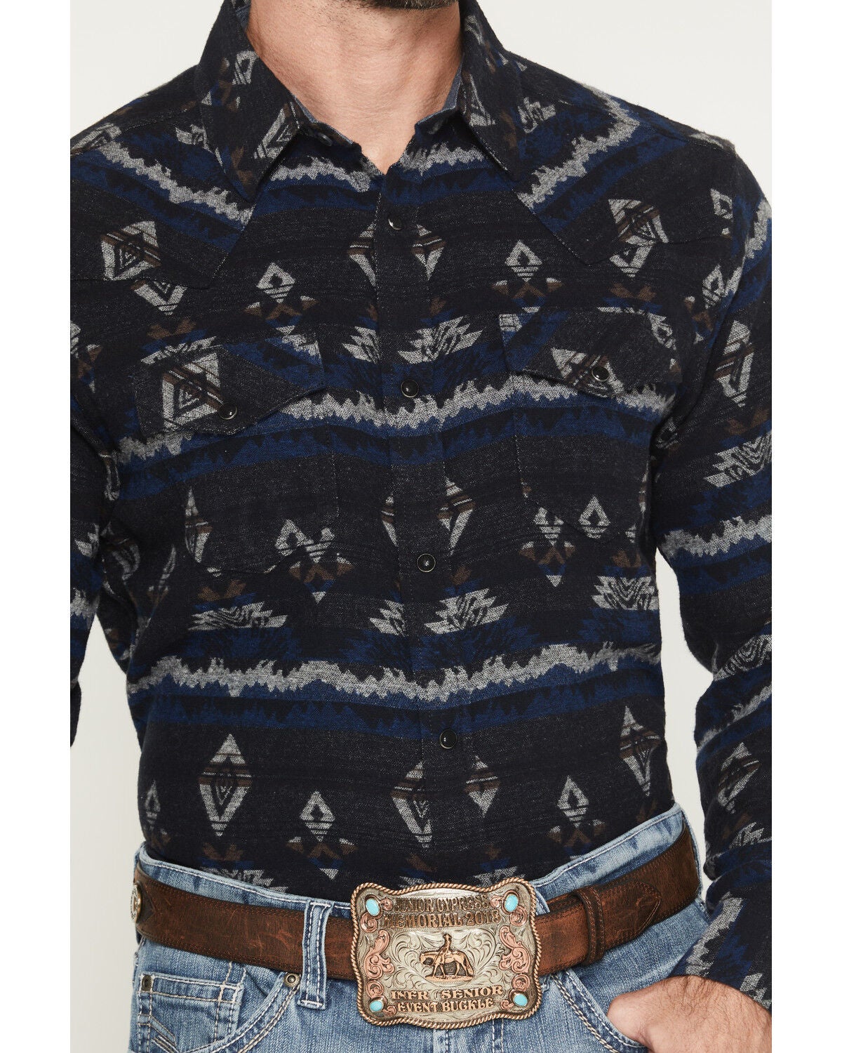Image #3 - Cody James Men's Ironwood Southwestern Striped Long Sleeve Snap Flannel Shirt, Navy, hi-res