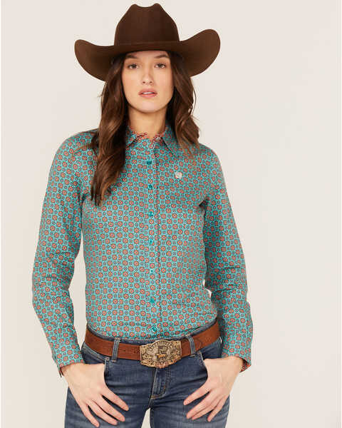 Image #1 - Cinch Women's Tile Print Long Sleeve Button Down Western Core Shirt, Green, hi-res