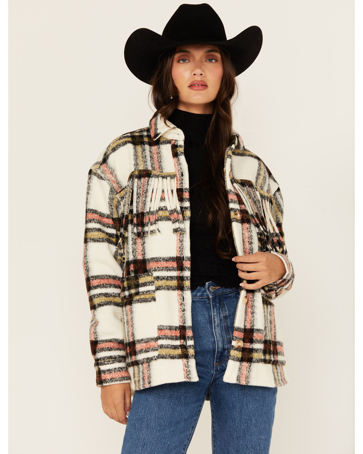 Image #1 - Rock & Roll Denim Women's Plaid Print Fringe Shacket, Natural, hi-res