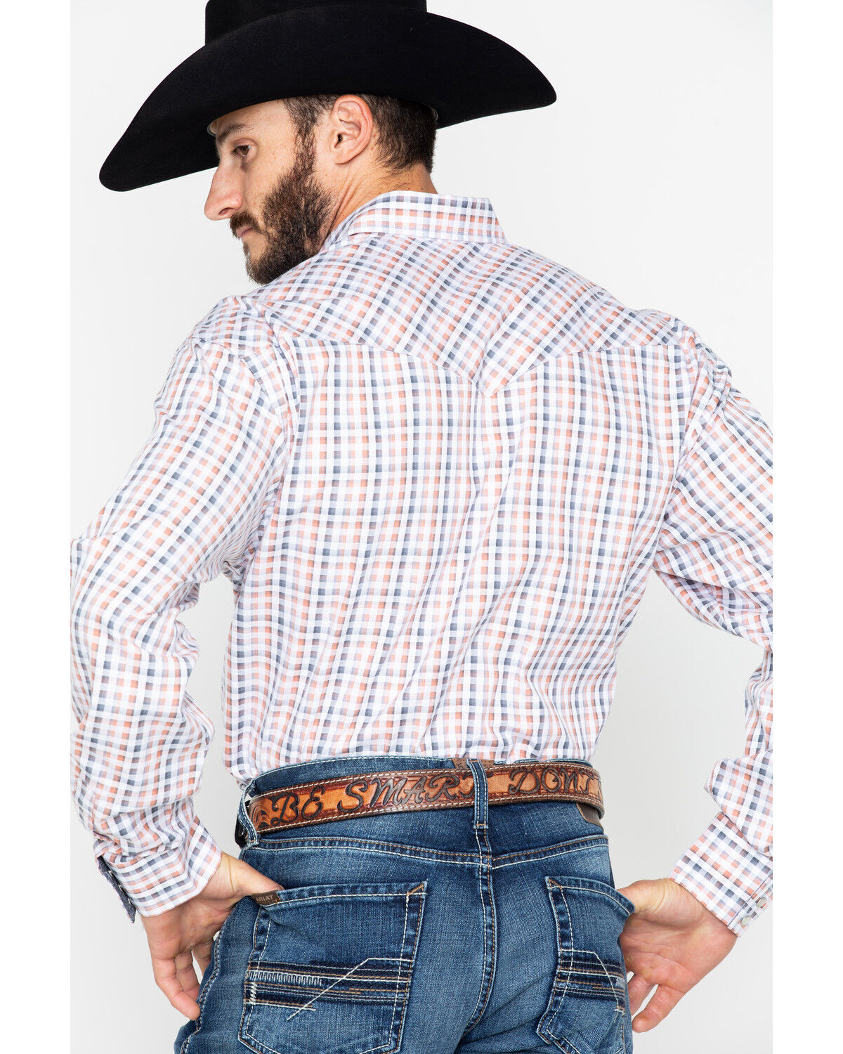 Image #2 - Stetson Men's Small Plaid Print Snap Long Sleeve Western Shirt, Orange, hi-res