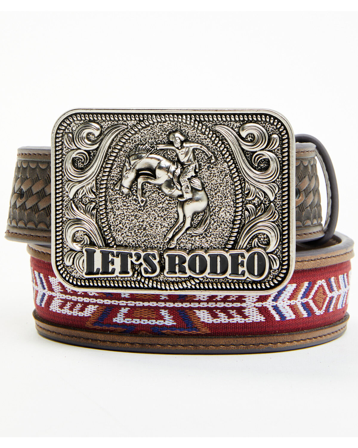 Image #1 - Cody James Boys' Rodeo Buckle Southwestern Woven Inlay Leather Belt, Brown, hi-res