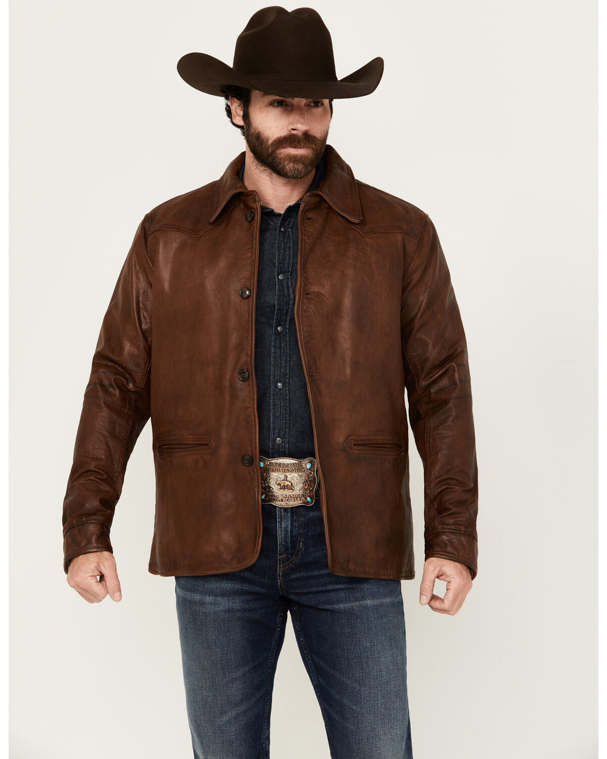 Image #1 - Cody James Men's Helena Flannel Lined Button-Down Leather Jacket, Cognac, hi-res