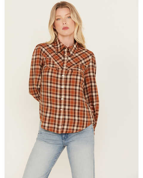 Shyanne Women's Plaid Print Long Sleeve Button-Down Flannel Shirt, Caramel, hi-res