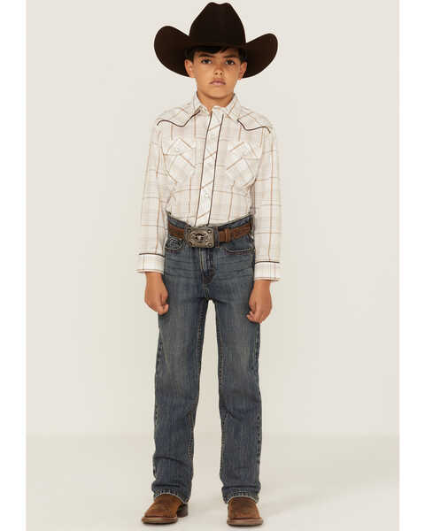 Roper Boys' Plaid Print Embroidered Long Sleeve Western Snap Shirt, Brown, hi-res