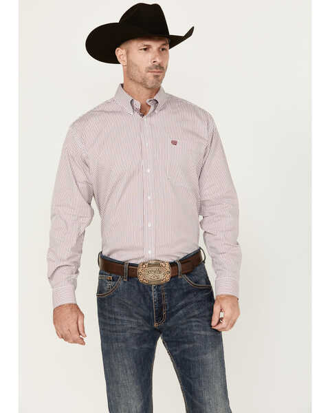 Cinch Men's Striped Print Long Sleeve Button-Down Western Shirt, White, hi-res