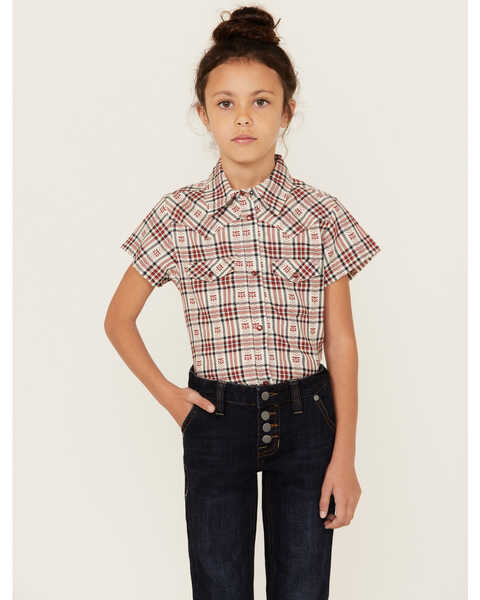 Shyanne Girls' Dobby Teton Plaid Print Short Sleeve Pearl Snap Western Shirt , Brick Red, hi-res