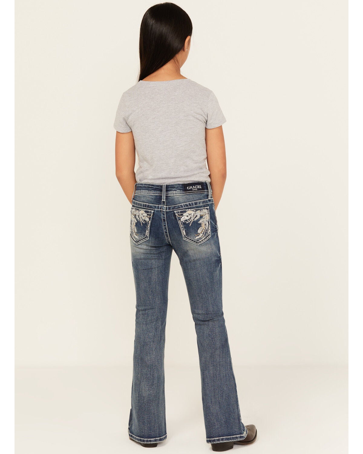 Grace In LA Girls' Leaf Embroidered Flare Stretch Denim Jeans, Blue, hi-res