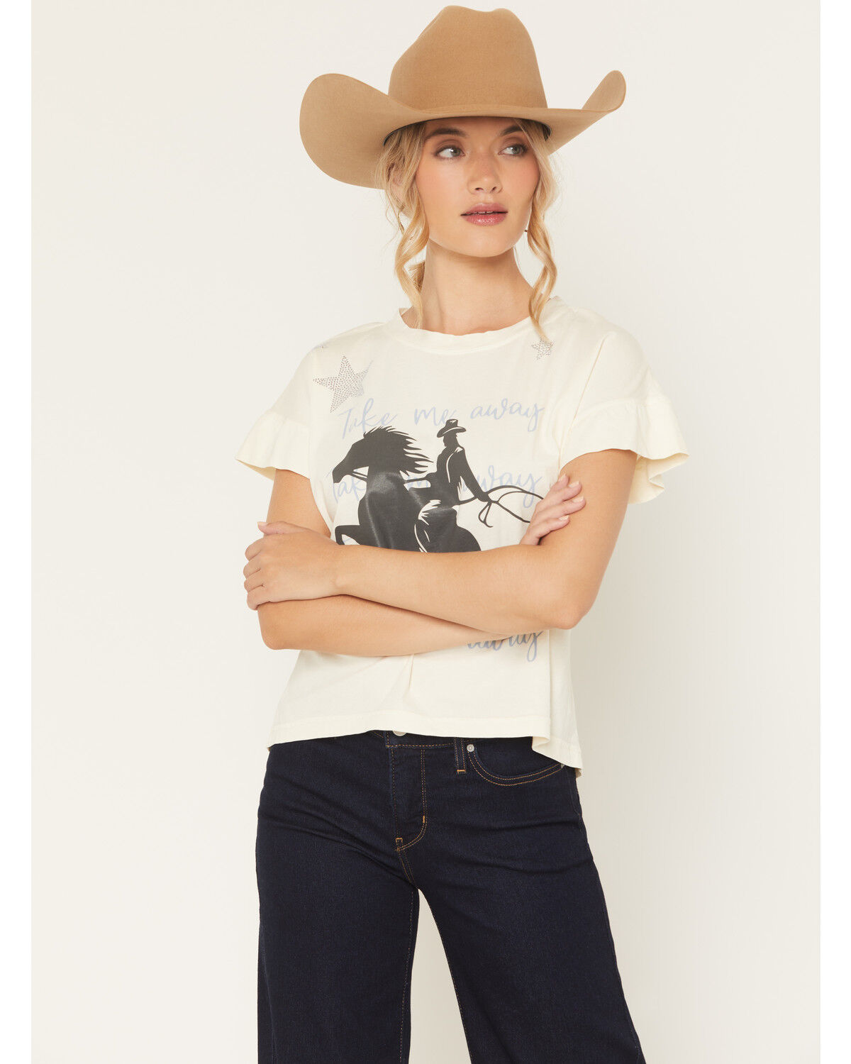 Image #1 - All Us Women's Cowboy Star Short Sleeve Graphic Tee, White, hi-res