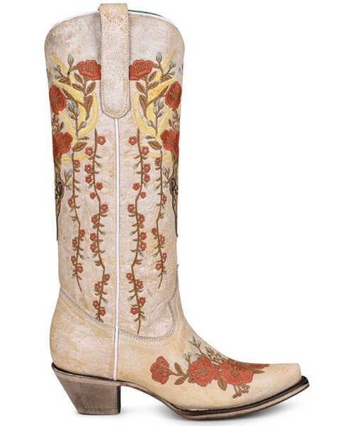 Image #2 - Corral Women's Floral & Deer Embroidered Western Boots - Snip Toe, White, hi-res