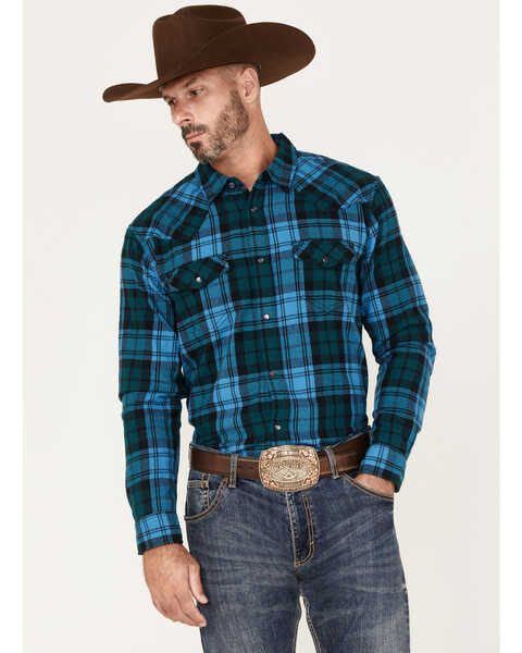 Cody James Men's Mckenzie Plaid Snap Western Flannel Shirt, Navy, hi-res