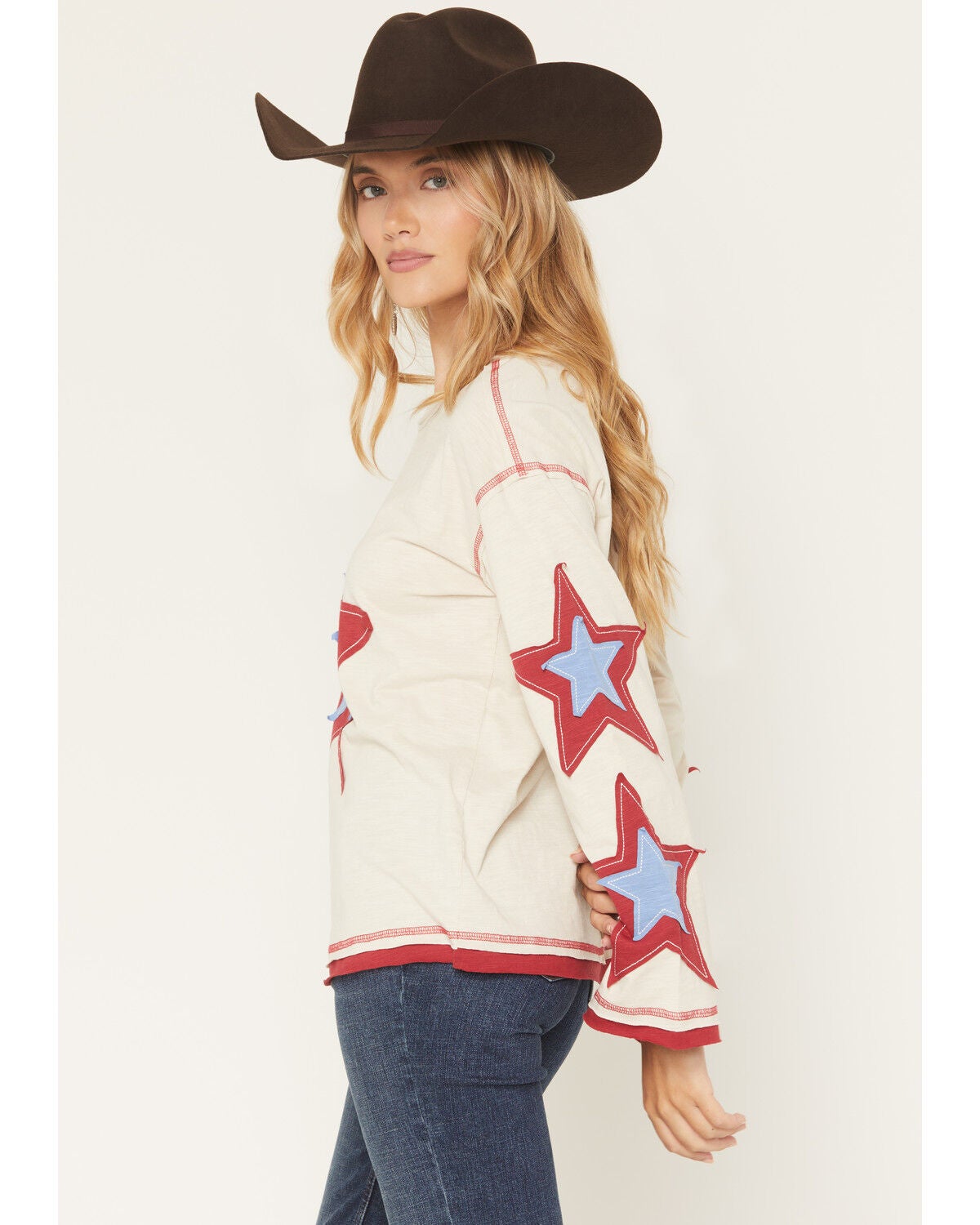 Image #2 - Blended Women's Long Sleeve Star Patchwork Top, Cream, hi-res