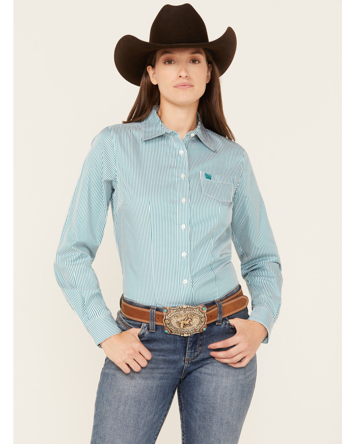 Image #1 - Cinch Women's TENCEL™ Striped Long Sleeve Button-Down Western Core Shirt, Teal, hi-res