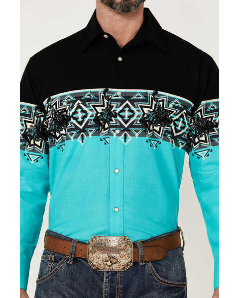 Image #3 - Panhandle Men's Southwestern Bull Rider Border Print Long Sleeve Snap Western Shirt - Black , , hi-res