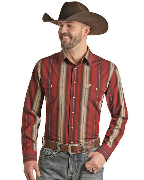 Panhandle Men's Select Serape Striped Long Sleeve Pearl Snap Western Shirt  - Tall , Dark Red, hi-res