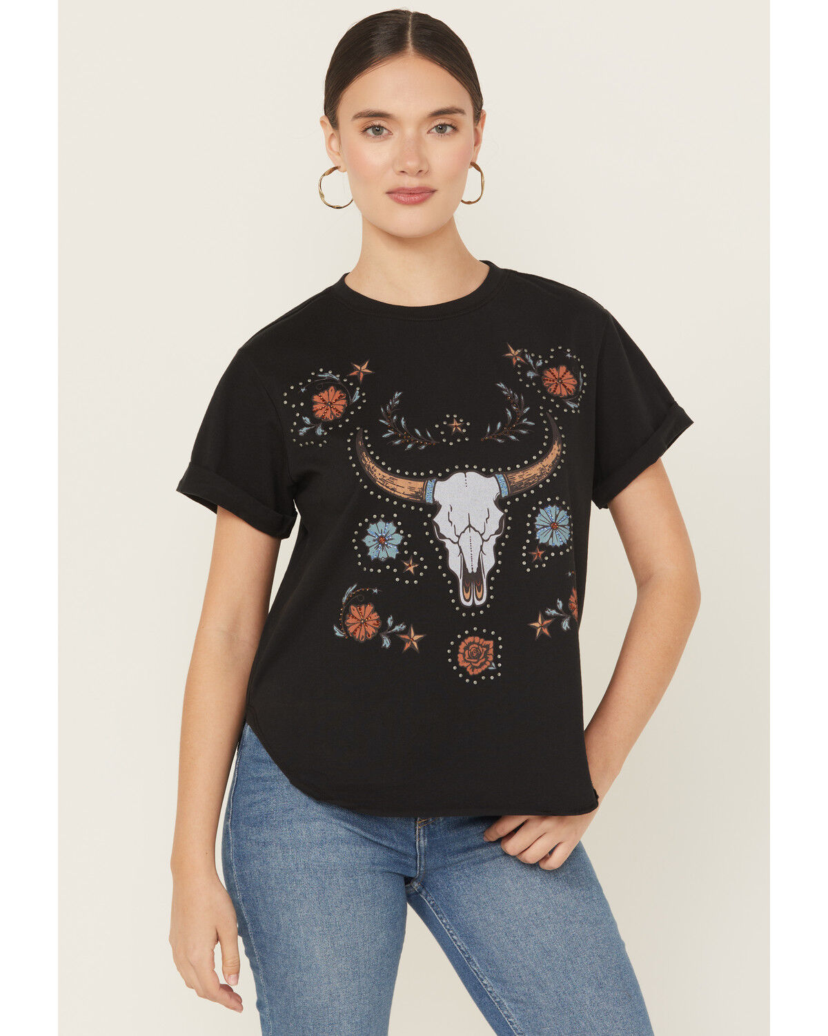 Image #1 - Idyllwind Women's Studded Bull Skull Short Sleeve Graphic Tee, Black, hi-res