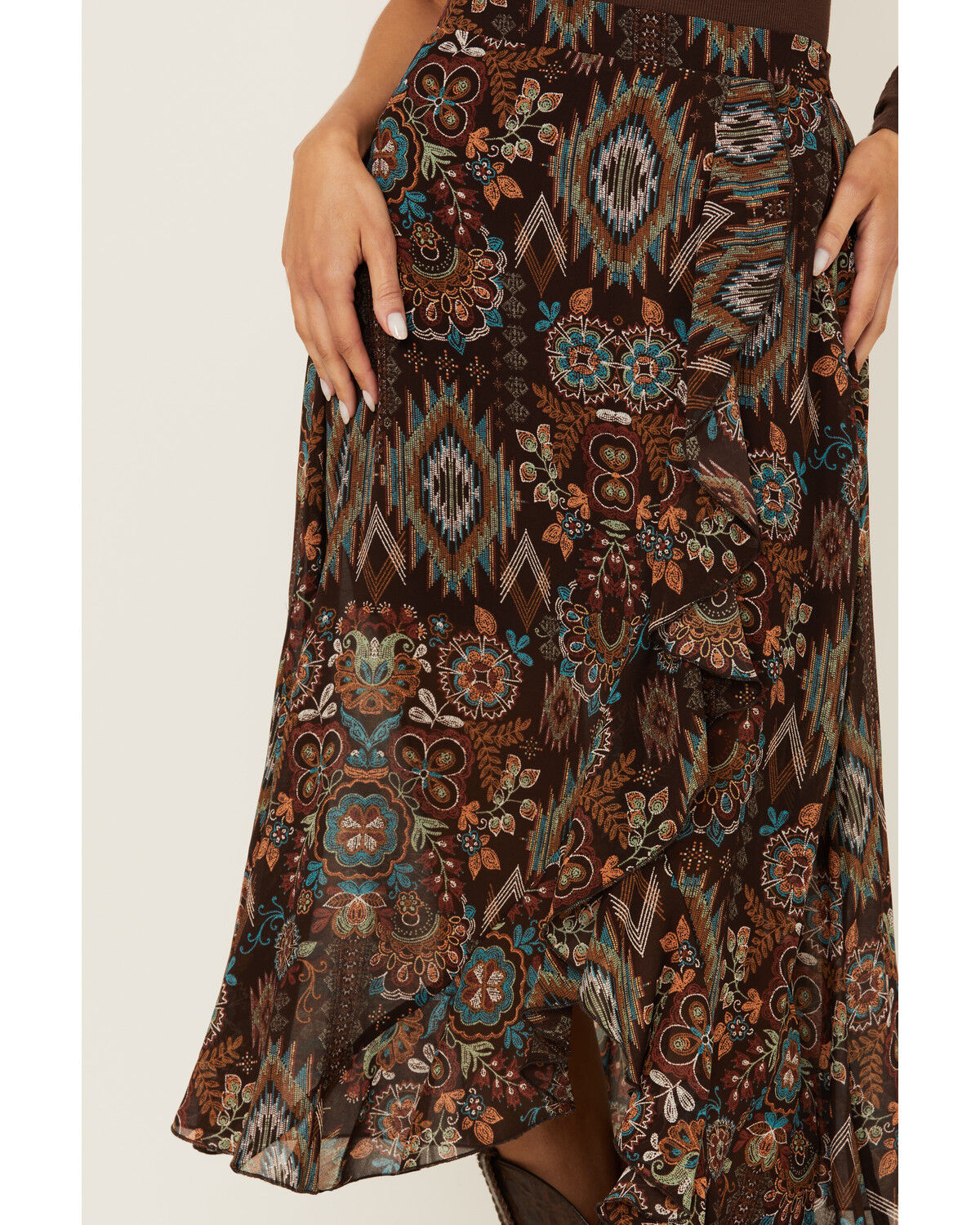Image #2 - Shyanne Women's Printed Ruffle Midi Skirt, Dark Brown, hi-res