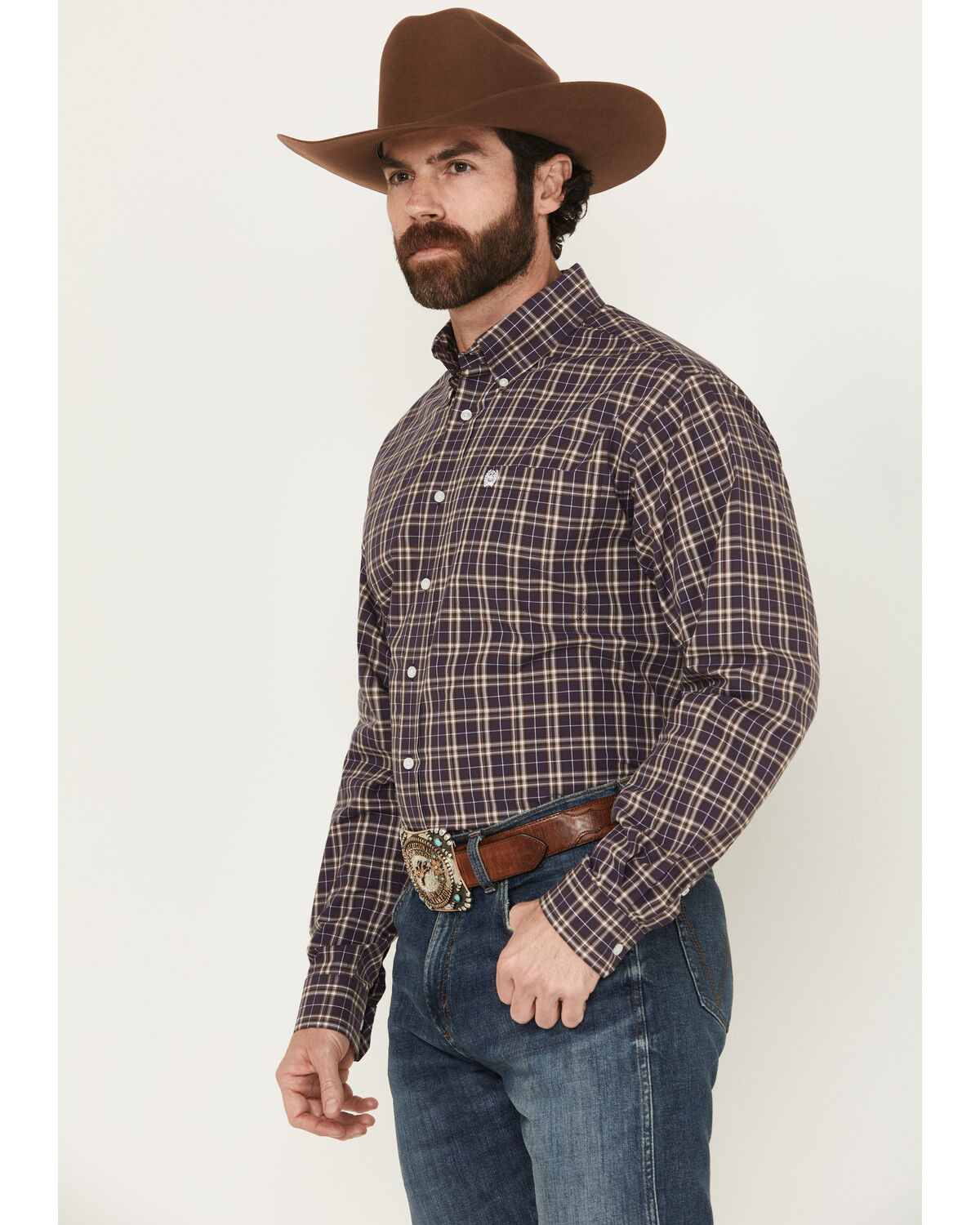 Image #3 - Cinch Men's Plaid Print Long Sleeve Button-Down Western Shirt, Purple, hi-res