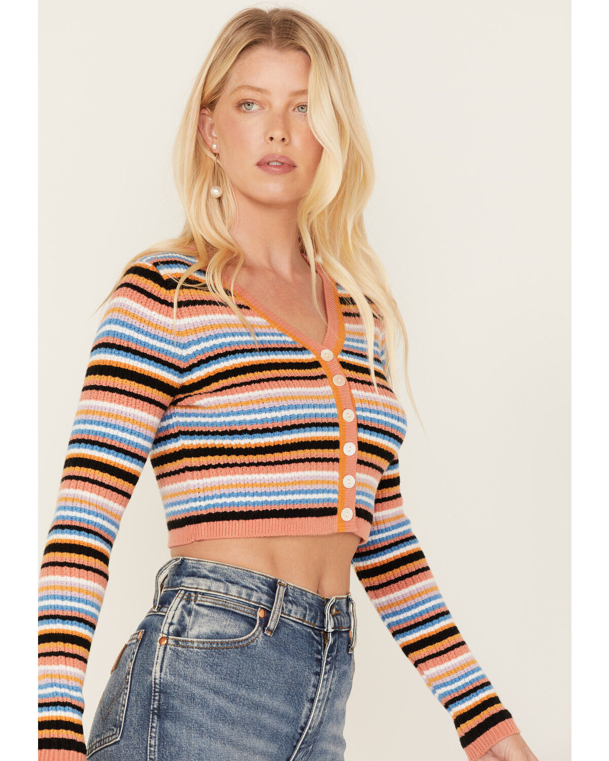 Image #2 - Beyond The Radar Women's Stripe Knit Cropped Cardigan Sweater, Lavender, hi-res