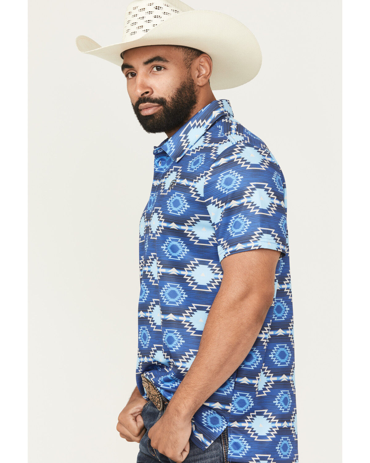 Image #2 - Rock & Roll Denim Men's Southwestern Print Short Sleeve Button-Down Stretch Polo, Blue, hi-res