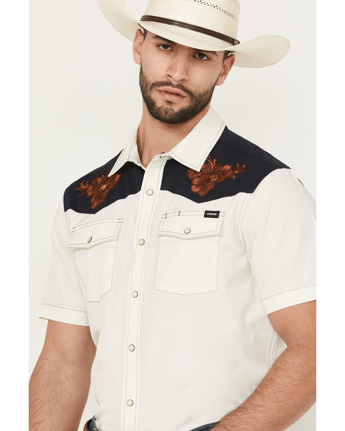 Image #2 - Cinch Men's Embroidered Flowers Short Sleeve Snap Western Shirt, Cream, hi-res