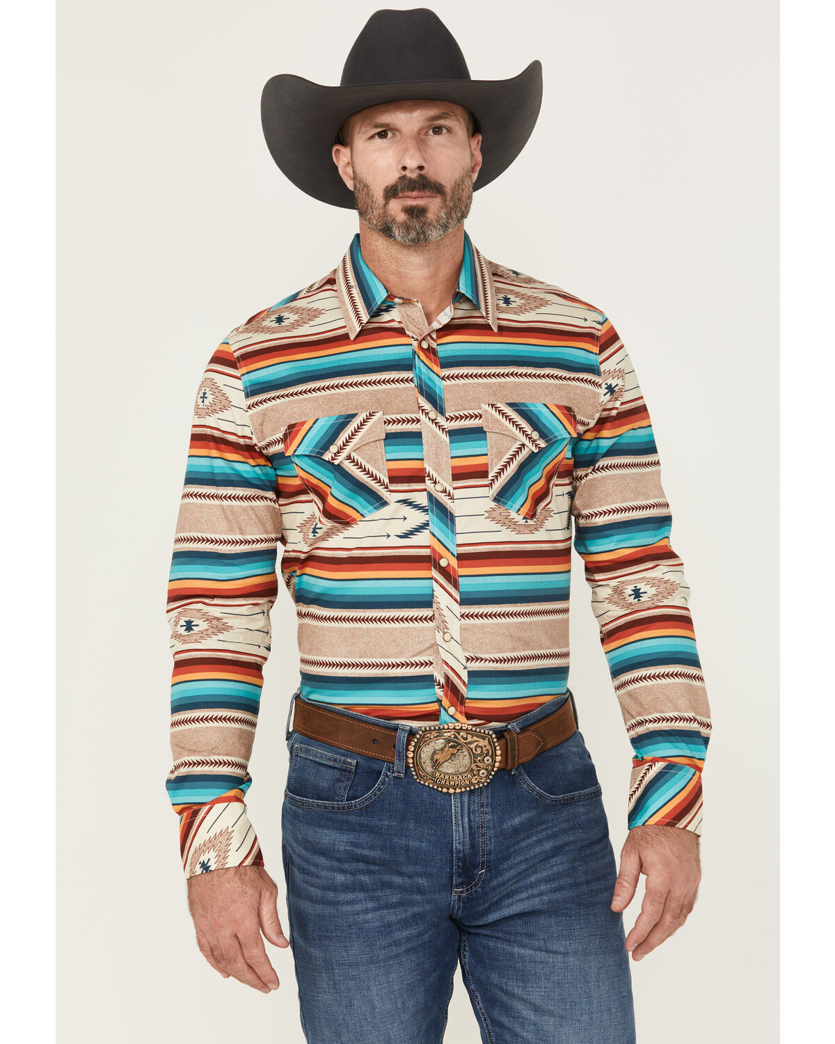 Image #1 - Rock & Roll Denim Men's Southwestern Print Long Sleeve Snap Western Stretch Shirt, Multi, hi-res